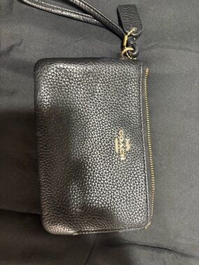 Coach Black Pebbled Leather Zip Wristlet with Gold Logo